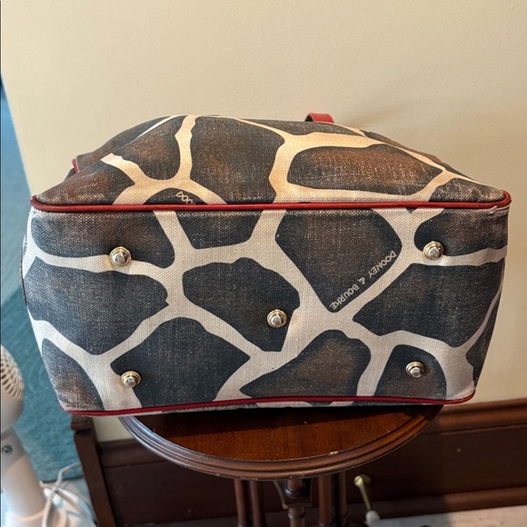 Dooney Bourke giraffe pattern shoulder bag tote red leather trim side tops EUC - Picture 10 of 17